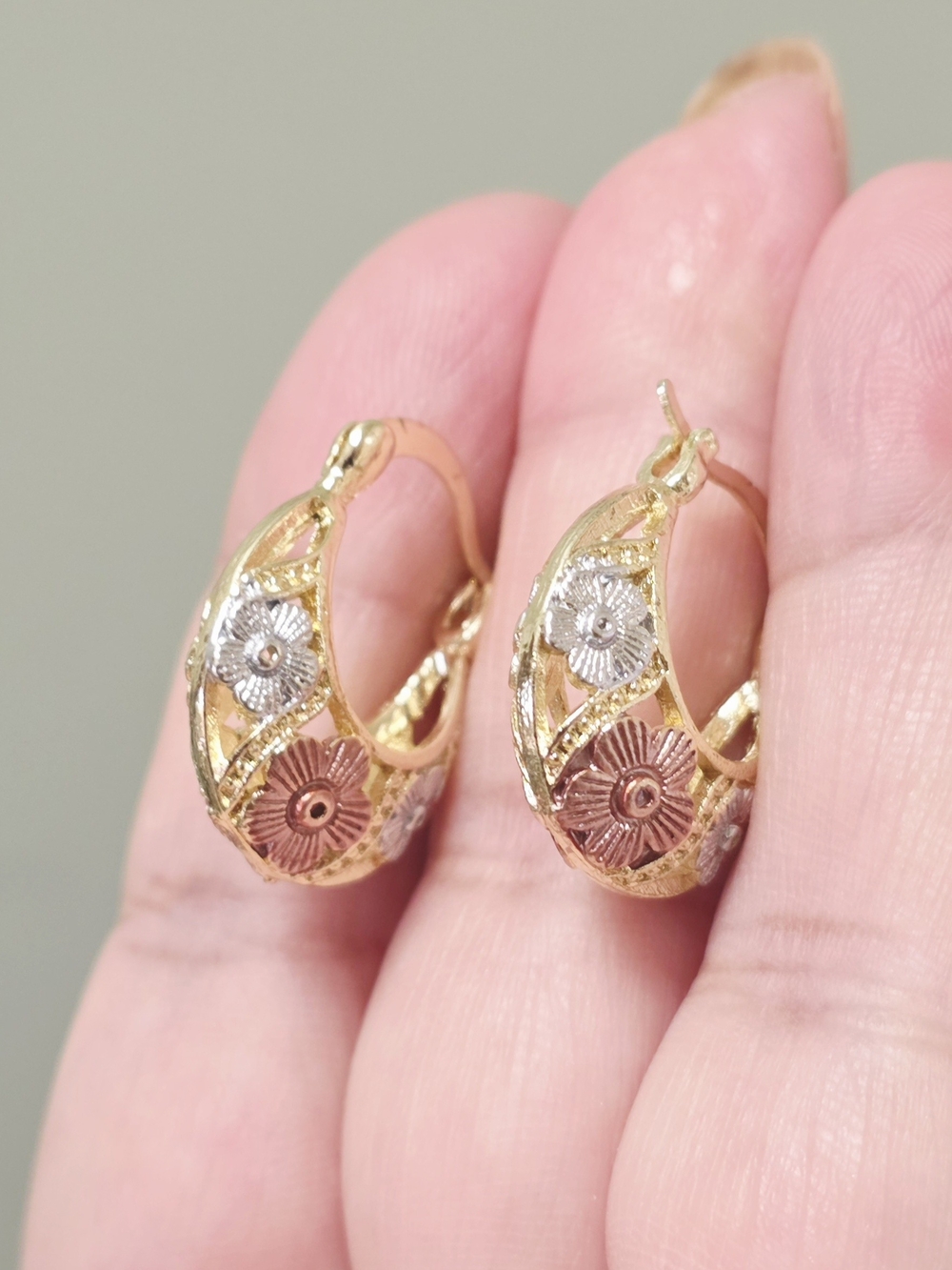 18k Gold Plated Floral Mini Hoop Earrings — Gold, Silver & Rose Accents